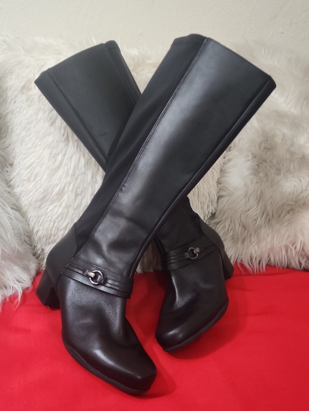 Clarks Rosalyn Clara Black Tall Heeled Riding Boots with Metal Bit Accent